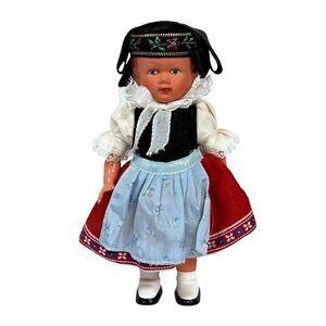 Vintage East European Doll in Traditional Dress and Hat Swiss Handmade Apron